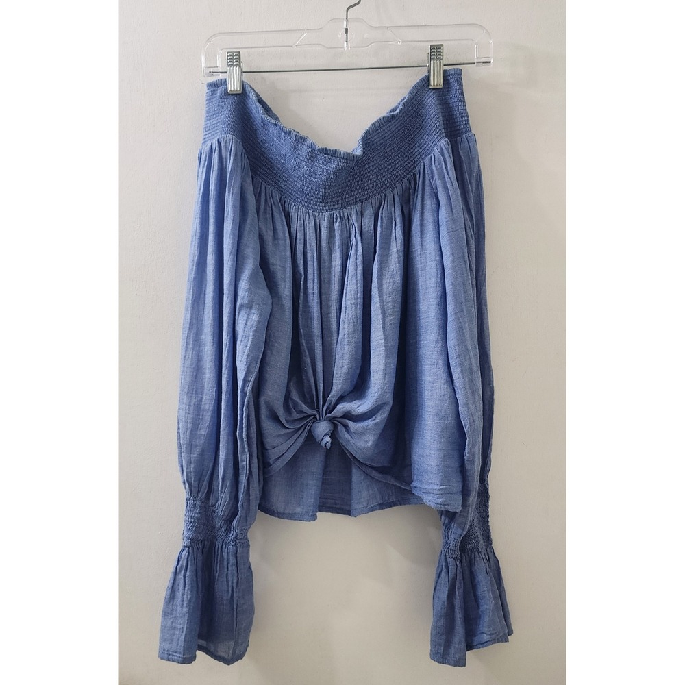 Maje Lova Blue Cotton Smocked Off The Shoulder Bell Sleeve Knot Front Top Size 3